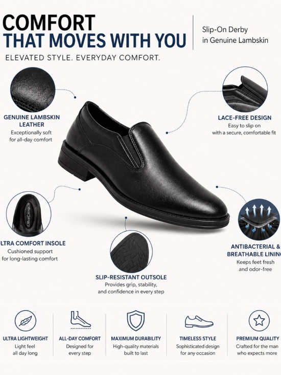 Men’s Slip-On Dress Shoes Genuine Lambskin Leather Ultra Comfort 39607 main image 4